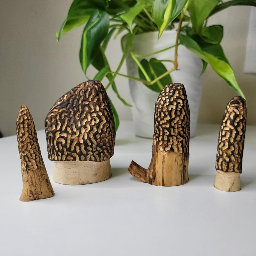 Set of 4‎ Morel Mushroom Wood Carved Merchroom Forage Mantle Outdoors Fungi Art